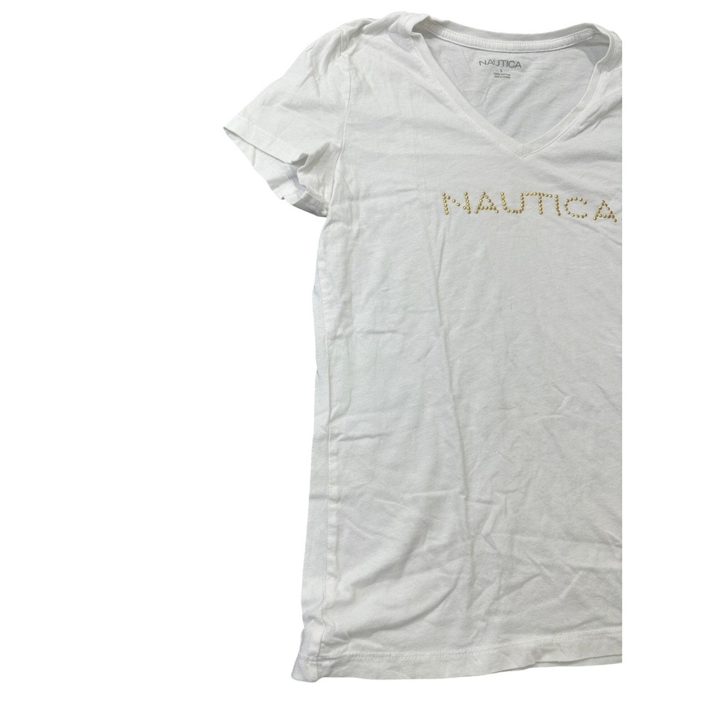 Nautica Womens White V-Neck Studded Logo T-Shirt 100% Cotton Small - Picture 2 of 7